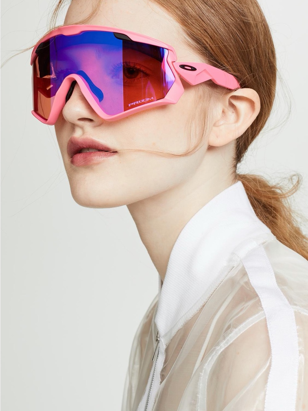 Oakley Pink Frame Wind Jacket 2.0 with Purple-Red Prizm Shield lenses